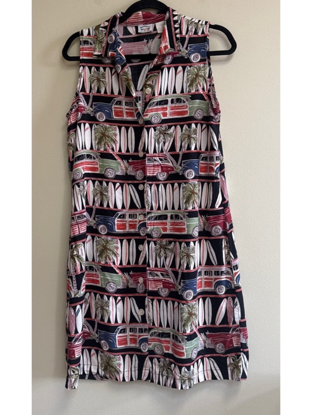 90s Woody Wagon Surfer Aloha Button Front Sleeveless Dress - Picture 3 of 8